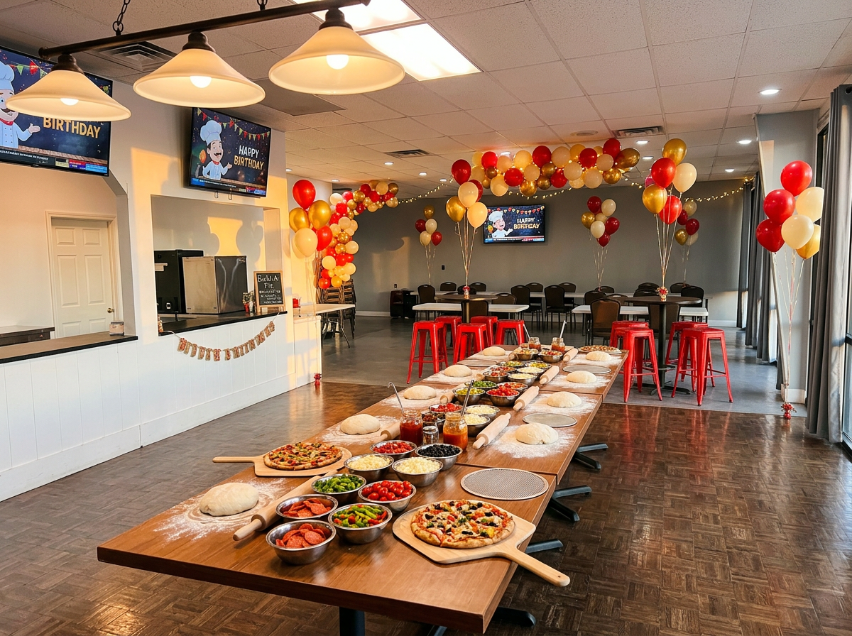 Build-A-Pie birthday party setup at The Spot on 10th with pizza dough, toppings, and festive balloons