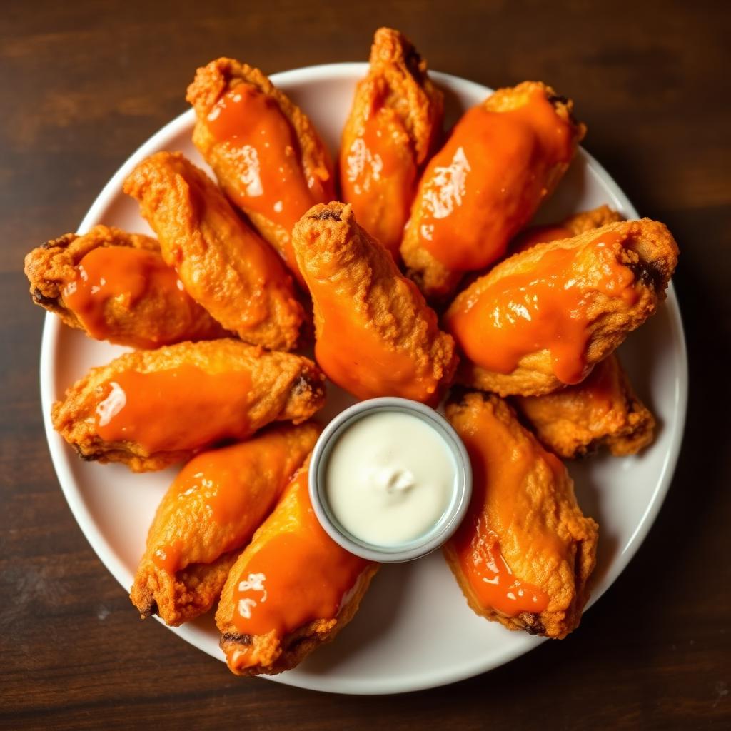 Plate of 10 jumbo crispy wings covered in traditional sauce with ranch dipping cup